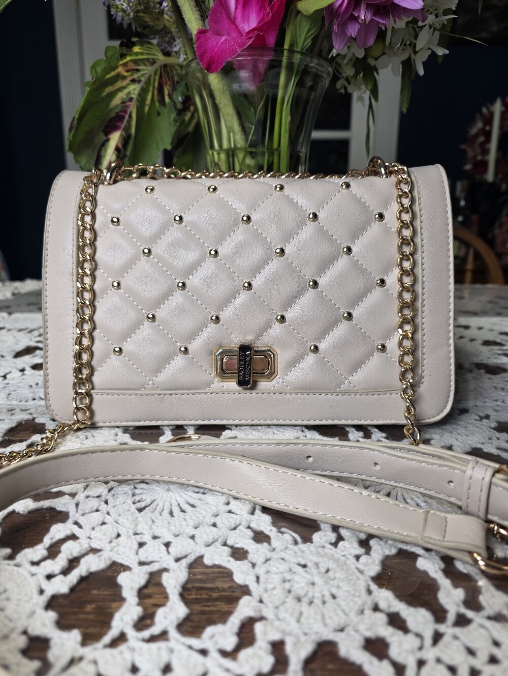 Badgley Mischka Quilted Cream Tan Chain Crossbody Bag with Gold Hardware